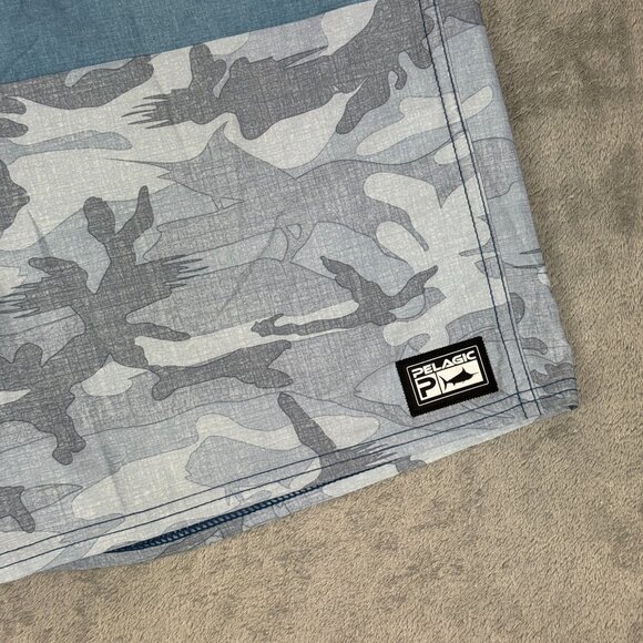 Pelagic High Performance Board Shorts Cargo Pocket Blue Camo Stretch Swim Trunks - Picture 3 of 11